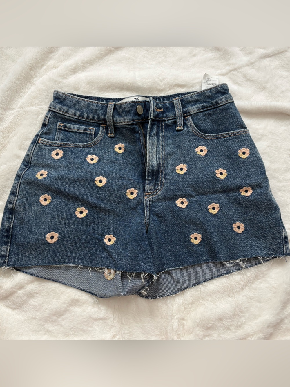 Hollister Dark Blue Denim Shorts with Pink Daisy Embroidery